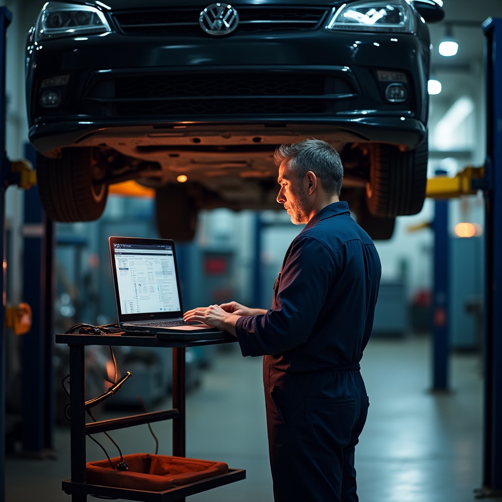 Mechanik pracuje v autoservise s digitálnym systémom